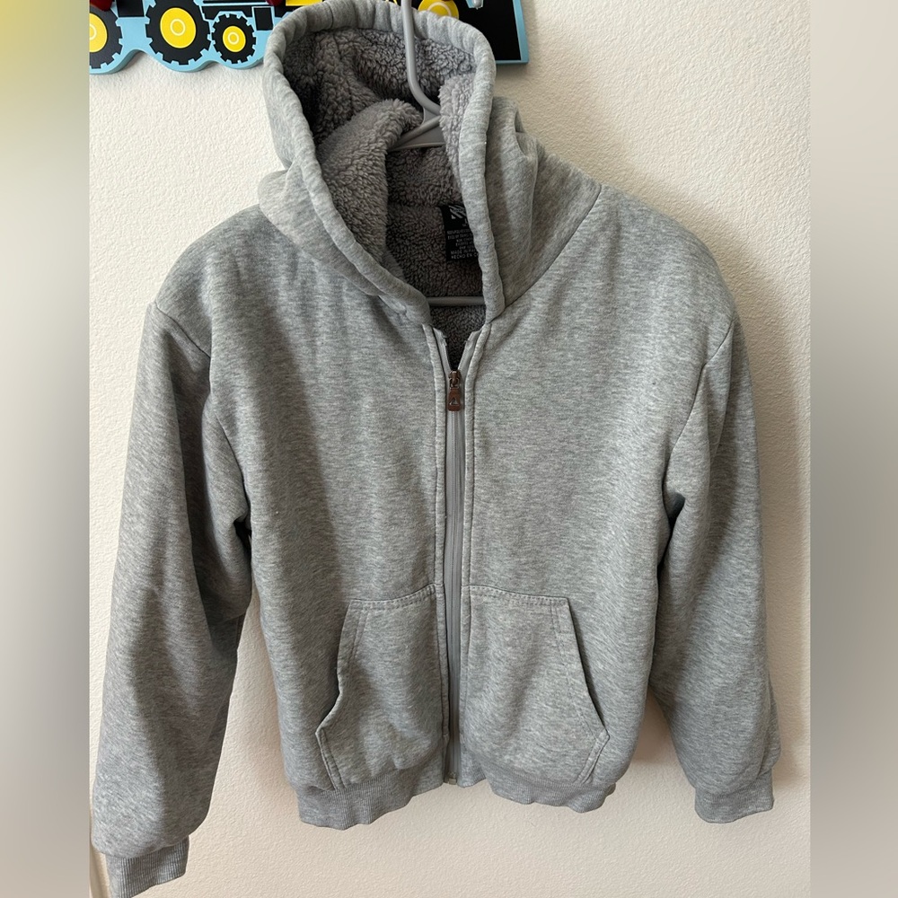 Kids full zip faux fur lined hoodie, size 14-16 (large), gray